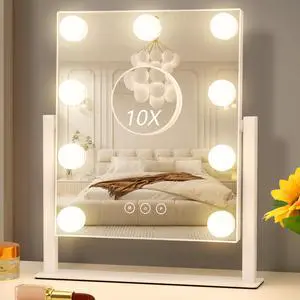 _Mega Brand Vanity Mirror with Lights, Hollywood Vanity Makeup Mirror with 9 Dimmable LED Bulbs, 3 Color Lighting Modes, Detachable 10X Magnification, 360°Rotation,White