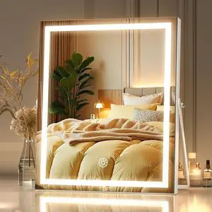 _Mega Brand Vanity Mirror with Lights, 9.8" x 12" LED Makeup Mirror, Light & Brightness Adjustment, Smart Sensor, 360°Rotation, Aluminum Alloy Metal White Frame, with 5X Magnifying Glass