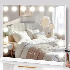 _Mega Brand Vanity Mirror with Lights Lighted Makeup Mirror with 15 Dimmable LED Bulbs,3 Color Lighting Modes,USB Charging Port Touch Control,Sturdy Metal Frame Design 24x18 Inch,White