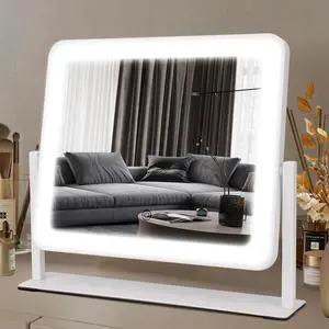 _Mega Brand Vanity Mirror with Lights, 14"×12" LED Makeup Mirror, HD Professional Mirror, Smart Touch with 3-Color Lighting, Dimmable, 360° Rotation, Lighted Up for Makeup Desk, Bedroom (White)