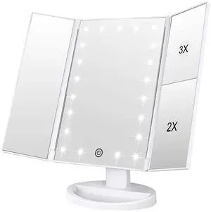 _Mega Brand Makeup Mirror with 21 LED Lights,Two Power Supply Modes, Adjustable Touch Screen and 1x/2x/3x Magnification Tri-Fold Vanity Mirror,Chargeable Travel Cosmetic Mirror for Desktop(White)