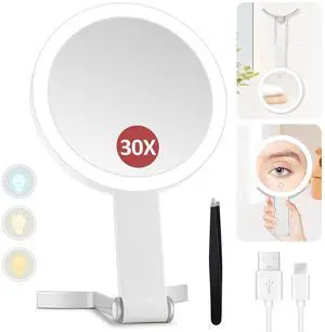 _Mega Brand Mirror, 30X Magnifying Mirror with Light and Adjustable Brightness, Hanging and Handheld Mirror with Handle, Portable Travel Makeup Mirror with Lights, Vanity Mirrors for Women