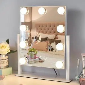 _Mega Brand Vanity Mirror with Lights,Lighted Vanity Mirror with 9 Dimmable Bulbs for Dressing Room & Bedroom,3 Color Lighting,Modes Detachable 10x Magnification 360°Ratation(White)