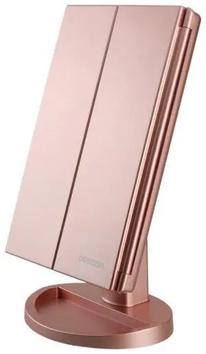 _Mega Brand  Dresser Mount Tri-Fold Lighted Vanity Mirror with 21 LED Lights, Touch Screen and 3X/2X/1X Magnification, Two Power Supply Modes Make Up Mirror,Travel Mirror