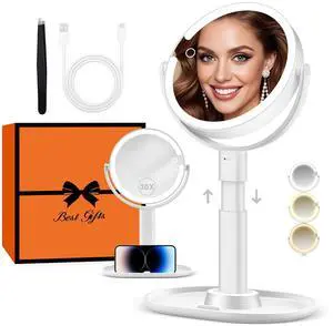 _Mega Brand  Makeup Mirror with Lights, Lighted Magnifying Mirror 30X with 3 Lighting and Adjustable Brightness, 2-Sided Height Adjustable Vanity Mirror for Bathroom, Gifts for Women White