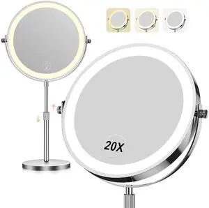 _Mega Brand, 1x/20x 360° Rotation Vanity Mirror, Brightness Adjustable Lighted Makeup Mirror with Magnification, 5000 mAh Rechargeable Double Sided Mirror with 3 Colors, Gift for Women