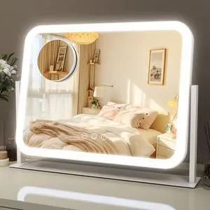 _Mega Brand Lighted Makeup Mirror, 17"x13" Vanity Mirror with Lights and 10X Magnification, 3 Color Lighting Modes, Smart Touch Control, 360° Rotation for Bedroom or Tabletop (White)