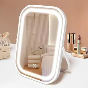_Mega Brand Travel Makeup Mirror with Lights, Portable Small Beauty LED Vanity Mirror with Lights, 1200mAh Battery, Dimmable Touch Screen, Tabletop Folding Compact Mirror,Women Gift