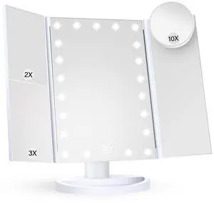 _Mega Brand Makeup Mirror Vanity Mirror with Lights, 2X, 3X, 10X Magnification, Touch Control, Trifold, White, 9.4" L x 13.4" W, Modern Style, Dresser Mount, Bathroom