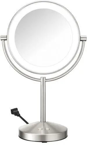 _Mega Brand Lighted Makeup Mirror, Double-Sided LED Vanity Mirror with 1X/10X Magnification, 3 Light Settings, 3 Modes, 360° Rotation, Satin Nickel Finish
