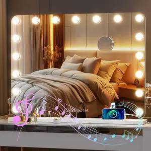 _Mega Brand Vanity Mirror with Lights and Bluetooth Speaker, 31.5" x 23.6" Hollywood Mirror, Makeup Mirror with 17 Dimmable Bulbs and 10X Magnification, 3 Colors Modes, USB Charging Port, Type-C