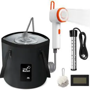 _Mega Brand Portable Shower with Heater, 2500mAh Rechargeable Portable Camping Shower Pump with Light, 5 Gal Foldable Bucket, Digital Display for Hiking, Travel, Pets & Car Washing, Wartering Plants