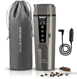 _Mega Brand Portable Electric Car Kettle: 12V/24V Kettle Mini Water Boiler for Car Heated Travel Mug,Smart Precision Temperature Adjustment Coffee Tea Truck Cup with Handy Kettle Bag (Taupe, 400ML)