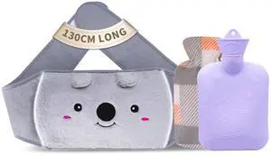 _Mega Brand Hot Water Bag, Hot Water Bottle wtih Cover, 1L Rubber Warm Hot Water Bottles Pouch with 130cm Long Soft Waist Cover for Neck, Shoulder, Back, Hand, Legs and Period Pain Relief