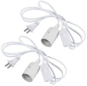 _Mega Brand 2 Pcs E26/E27 LED Light Socket with 5.9FT Extension Cord, On/Off Switch, US AC Power Plugs for Pendant Lighting Bulb Lamp - Kitchen, Bedroom (White)