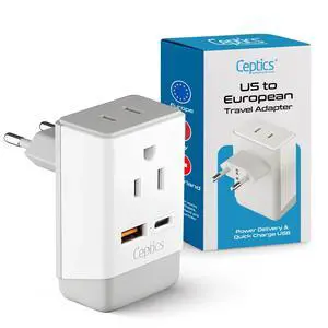 _Mega Brand European Plug Adapter, International Power Plug with USB & USB-C - 2 USA Socket, QC 3.0 & PD -Type C Outlet Adaptor Charger for Spain France Germany Greece Turkey Portugal, Fast Charging