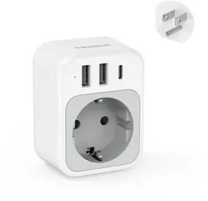 _Mega Brand EU to US Plug Adapter, European Travel Adaptor with 1 AC Outlet and 3 USB Ports(1 USB C), Most of Europe Germany France Korea Greece Type C/E/F Plugs to US Power Adapter