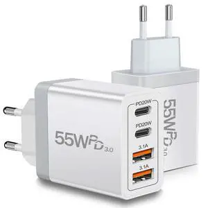_Mega Brand  USB C Charger 2 Pack, 55W European Travel Plug Adapter 4-Port Fast Charger Type C Wall Charger USA to Europe Plug Adaptor for iPhone 17 16 15 14 13 12 11 Pro Max X 8, Galaxy, Android