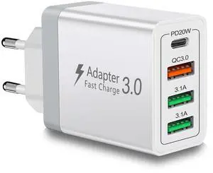 _Mega Brand, 40W 4 Port USB C European Charger PD 20W QC 3.0 Europe USB C Charger Block US to Europe Plug Adapter for iPhone 17 16 15 14 13 12 11 Plus Pro Max X 8, Galaxy, Android