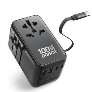 _Mega Brand Universal Travel Adapter, 100W GaN 3.0 European Travel Plug Adapter with Built-in USB-C Cable, 6 in 1 International Power Adapter with 5 USB Ports for EU/UK/USA/AUS(Black)