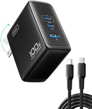 _Mega Brand Charger Block, 3-Port 100W PD Fast Charging, MacBook Charger with USB C Cable and Foldable Plug, GaN Tech, for MacBook Pro/Air, Laptop, iPhone 16, Samsung S25, iPad, Multiple Devices etc
