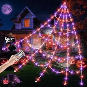 _Mega BrandSpider Web Lights 550LED Lighted Spider Web 16.4Ft Giant Halloween Decorations Light up with 8 Lighting Modes Waterproof & Timer for Indoor Outdoor House Haunted Yard Decor, Purple & Orange