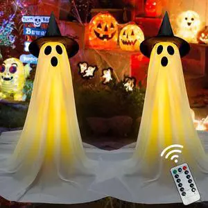 _Mega Brand Halloween Decorations Outdoor & Indoor Decor - 2 Pack 59-inch Remote Control Spooky Ghost String Lights with Witch Hats, Halloween Lights for Porch, Yards, Patio, Garden Lawn, Party