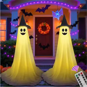 _Mega Brand Halloween Decorations Outdoor Ghost Kit - 2 Pack DIY Halloween Decor Spooky Ghost Decor with 50 LED Lights Battery Operated,Hat,for Outdoor Indoor Porches Yards Gardens Lawn (Warm White)