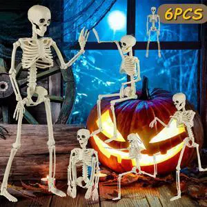 _Mega Brand 6 Packs Skeleton Halloween Decorations 16" Full Body Posable Joints Skeletons Decor, Halloween Party Decor Indoor, Yard Garden Lawn Graveyard Haunted House Props Spooky Party Decorations