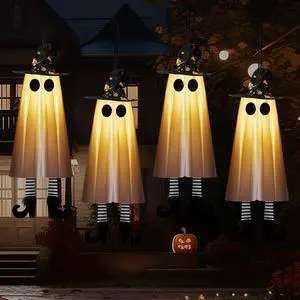_Mega Brand Halloween Decorations Outdoor Indoor, 4pcs Hanging Ghost Decor with Light, Spooky Swinging Witch Hat Ghosts for Halloween Decor, Perfect for Yard, Patio, Garden, Tree