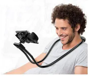 _Mega Brand Flexible Long Arms Stand Clip Holder,Hanging on Neck Universal Lounger's Bracket for Mobile Phone Tablet PC Desktop(Black)