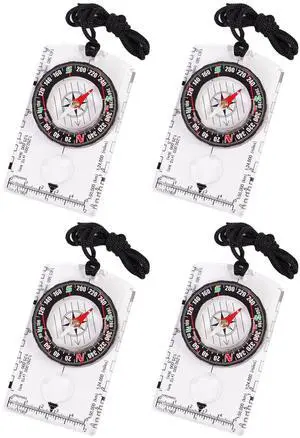 _Mega Brand 4 Pcs Outdoor Compass with Adjustable Declination,Magnifier,Ruler,Scale. Multifunctional Orienteering Waterproof Compass for Map Reading, Navigation, Hiking (4 Pack Transparent)