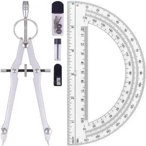 _Mega Brand Compass and Protractor Set, Professional Drawing Compass Tool, Metal Compass with Extra Refills, Compass for Geometry and 6 Inch Math Protractors 180 Degree (Silver)