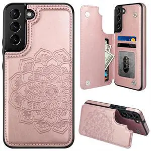 _Mega Brand for Samsung Galaxy S22 Case with Card Holder,Flower Magnetic Buttons Protective Wallet Cover for Women for Samsung Galaxy S22 5G (2022),Rose Gold