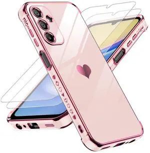 _Mega Brand for Galaxy A15-5G Phone Case: with Tempered Glass Screen Protector [2 Pcs]+ Full Camera Lens Protection, Love Heart Plating Girly Women Luxury Shockproof Android A 15, Pink