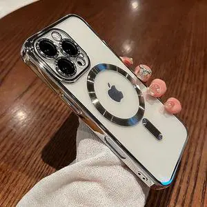_Mega Brand Magnetic Case Made for iPhone 16 Pro Max 6.9 Inch [Compatible with MagSafe] Full Camera Lens Protection, Clear Luxury Phone Cover Soft TPU Bumper Drop Protective Case for Women Men, Silver