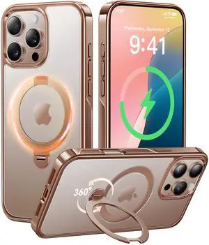 _Mega Brand 360 Spin Magnetic Stand Desert Titanium for iPhone 16 Pro Case [Compatible with Magsafe][16FT Military Protection] Slim Polished for iPhone 16 Pro Case with Stand 6.3'', Rose Gold