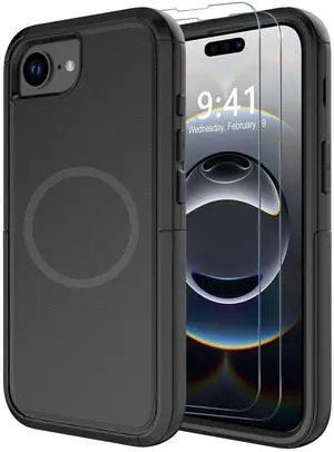 _Mega Brand for iPhone 16e Case [Compatible with MagSafe] [Shockproof] [Dropproof] [with Screen Protector ] Heavy Duty Protection Phone Case Cover for Apple iPhone 16e 2025 6.1 inch (Black)