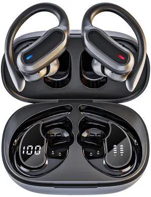 _Mega Brand Wireless Earbuds, Bluetooth 5.3 Headphones, True Wireless Stereo Earphones with IPX6 Waterproof, Noise Cancelling Mic, Fast Charging and Comfort Fit Ear Buds for Sports, Workouts - Black