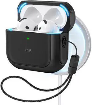 _Mega Brand AirPods 4 Case, Compatible with AirPods 4th Generation Case (2024) (USB-C), Compatible with MagSafe, Drop Protection Cover with Lanyard, Magnetic Lid Lock, Orbit Hybrid Series, Black