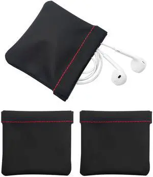 _Mega Brand 3pcs Earphone Pouch PU Leather Headphone Storage Bag Universal Spring Bag Closure Soft Elastic Snap Spring Pouch for Storing Earphones, Coins, Keys, USB Flash Drives, Jewellery