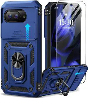 _Mega Brand for Google Pixel 9A Case with Screen Protector & Slide Camera Lens Cover,Built-in 360°Rotate Magnetic Ring Stand Shockproof Protective Phone Case for Google Pixel 9A Case (Blue)