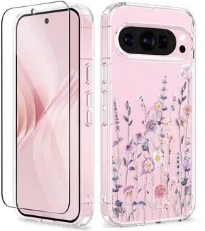 _Mega Brand for Google Pixel 9 Case/Pixel 9 Pro Case, [Screen Protector] [Military Grade Protection] Clear Floral Slim Shockproof Protective Women Phone Case Cover for Pixel 9 (Floratopia/Colorful)