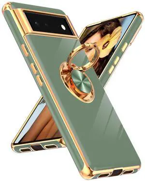 _Mega Brand for Google Pixel 6 Phone Case: 360° Rotatable Ring Holder Magnetic Kickstand, Plating Rose Gold Edge Protective for Google Pixel 6 Case, L-Green