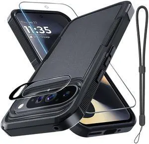 _Mega Brand Case for Google Pixel 9/9 Pro, Full Body Heavy Duty Rugged Shockproof Protective Phone Cover with Lanyard Strap, Tempered Glass Screen Protector and Camera Lens Cover, Black Matte