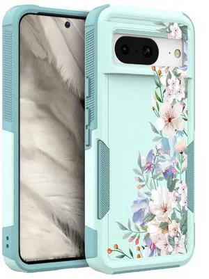 _Mega Brand for Google Pixel 8 5G Case: Cute Flower Floral Design for Girls Women Slim Fit Soft TPU Bumper Silicone Cell Phone Cover (Mint Teal/Magnolia)