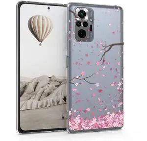 _Mega Brand Clear Case Compatible with Xiaomi Redmi Note 10 Pro - Phone Case Soft TPU Cover - Cherry Blossoms Pink/Dark Brown/Transparent