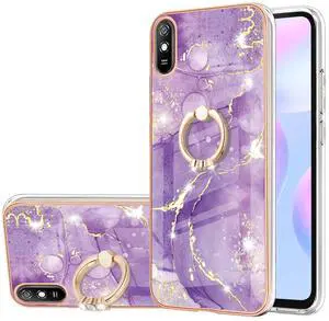 _Mega Brand Case Compatible with Xiaomi Redmi 9A, TPU Marble Slim Full-Body Protective Cover with 360 Rotating Ring Kickstand for Redmi 9A, Dark Purple