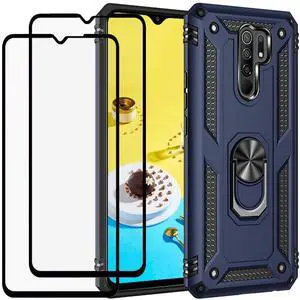 _Mega Brand for Xiaomi Redmi 9 6.53" Case with Tempered Glass Screen Protector [2 Pack], Hybrid Heavy Duty Dual Layer Anti-Scratch Shockproof Defender Kickstand Case Cover, Blue