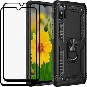 _Mega Brand for Xiaomi Redmi 9A Case with Tempered Glass Screen Protector, Hybrid Heavy Duty Dual Layer Anti-Scratch Shockproof Defender Kickstand Armor Case Cover, Black